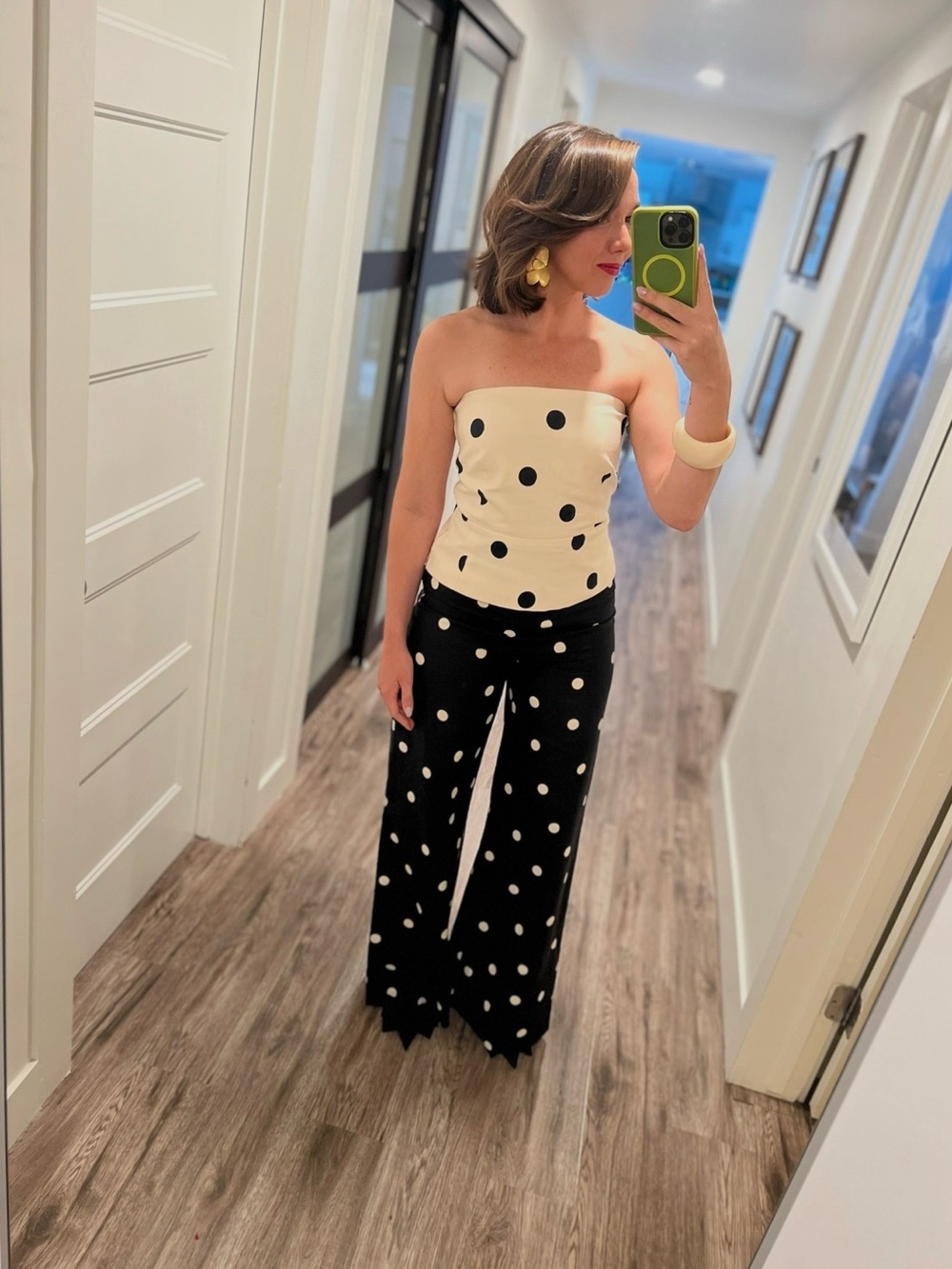 Sezane Cream Polka Dot Strapless Top & Pants Set